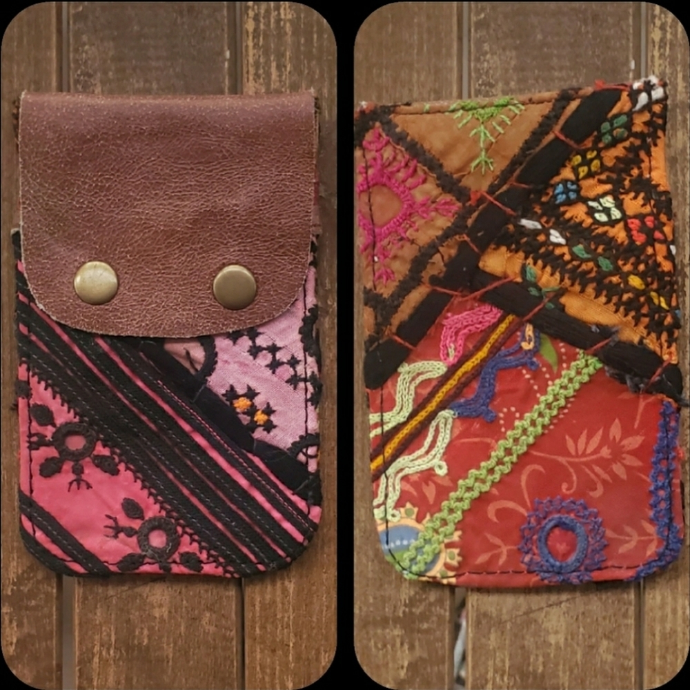 🧠🍳 Free People Boho Embroidered Repurposed vtg banjara hippie Wallet card case